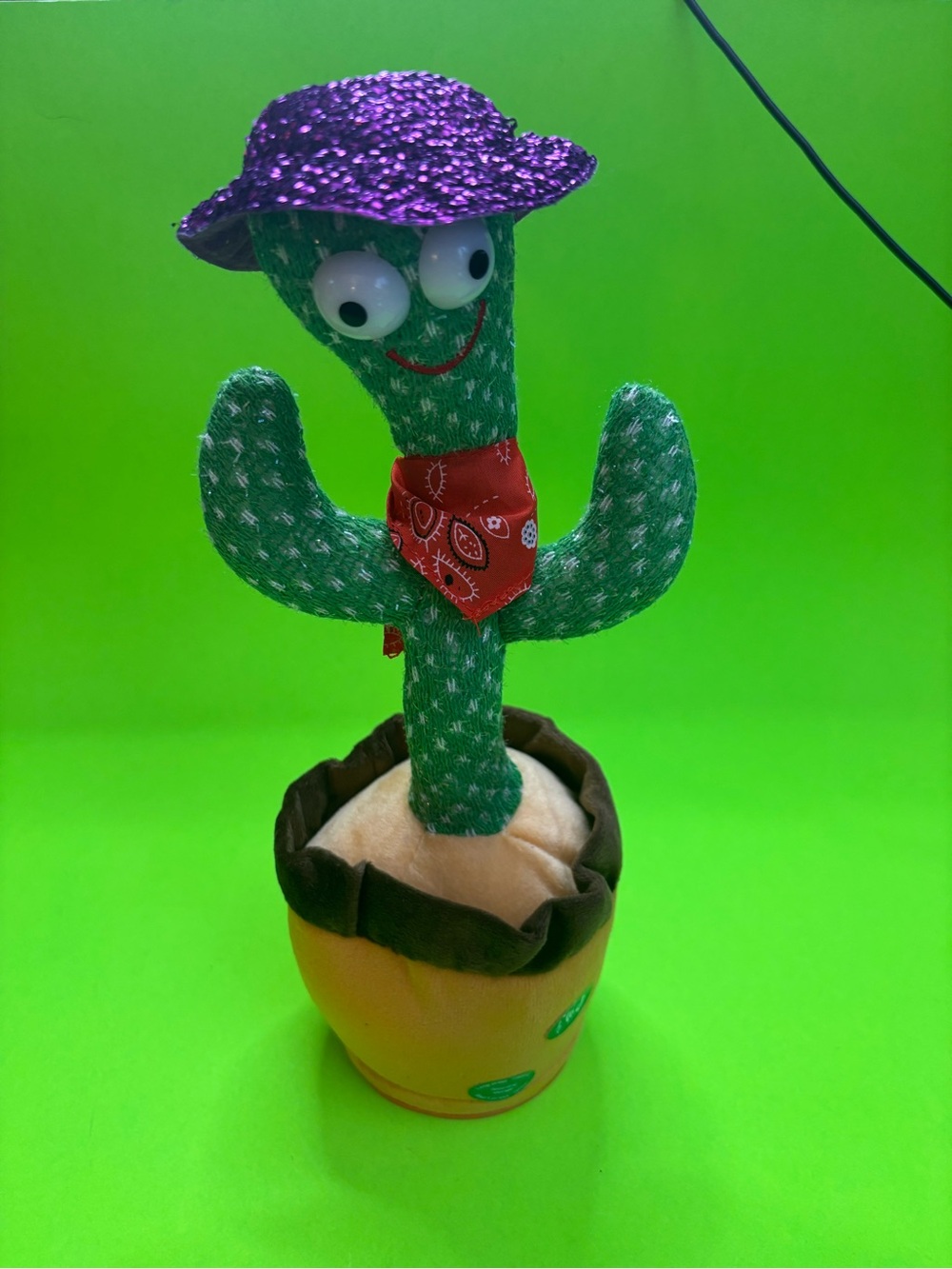 Interactive Dance/Sing/Talk Plush Green Cactus Toy with Purple Sequin Hat.